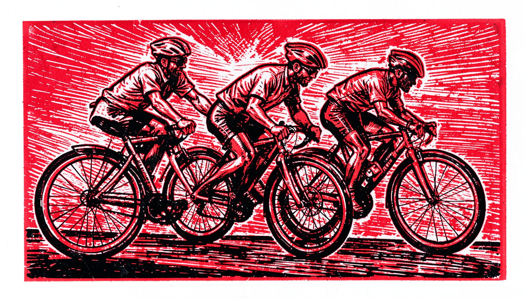 A carved linocut relief print of three cyclists riding in a tight line, strong red and black contrast, bold hatching lines