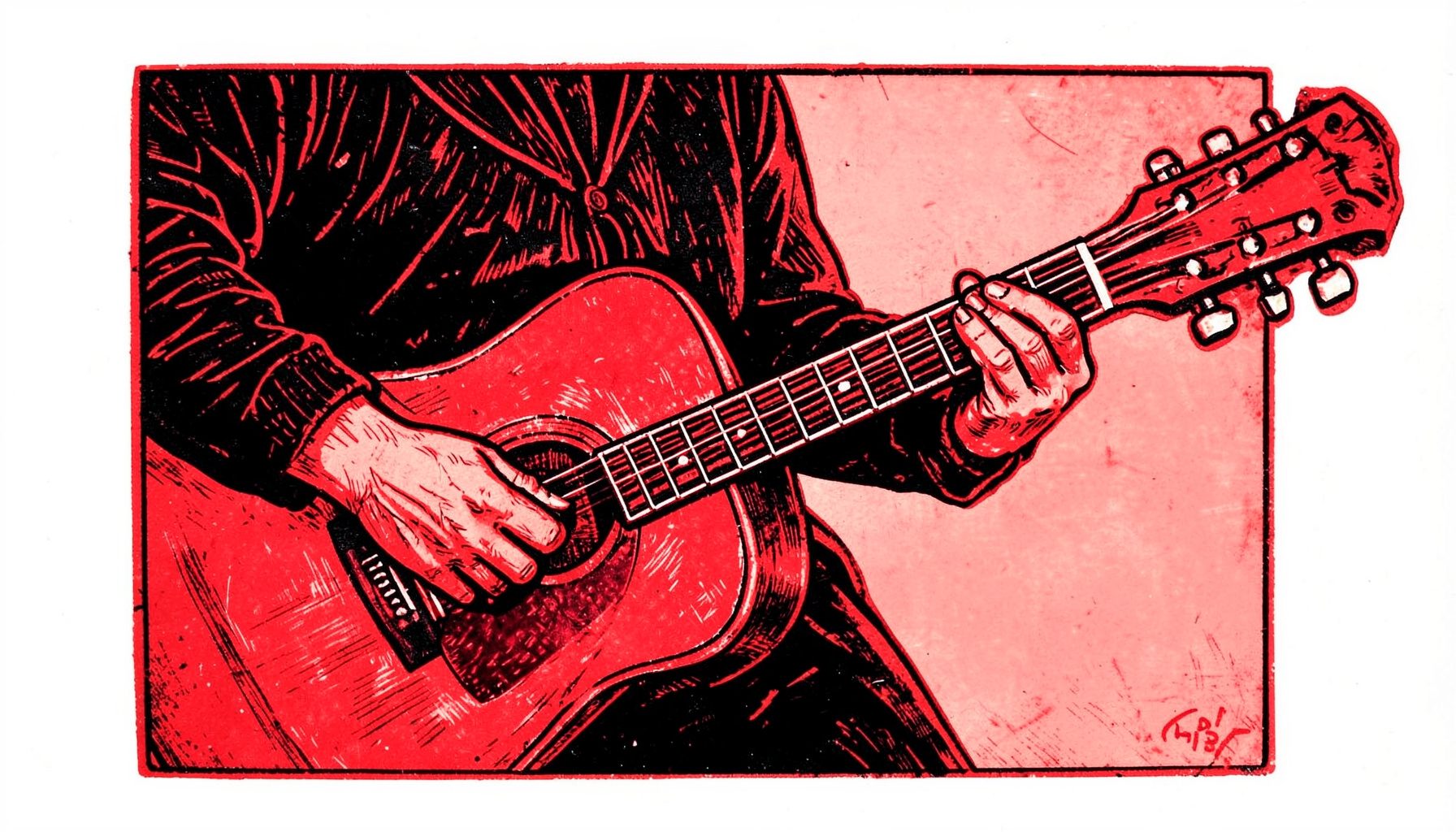 A carved linocut relief print of a pair of hands strumming an acoustic guitar, warm red and black tones, folk-art style