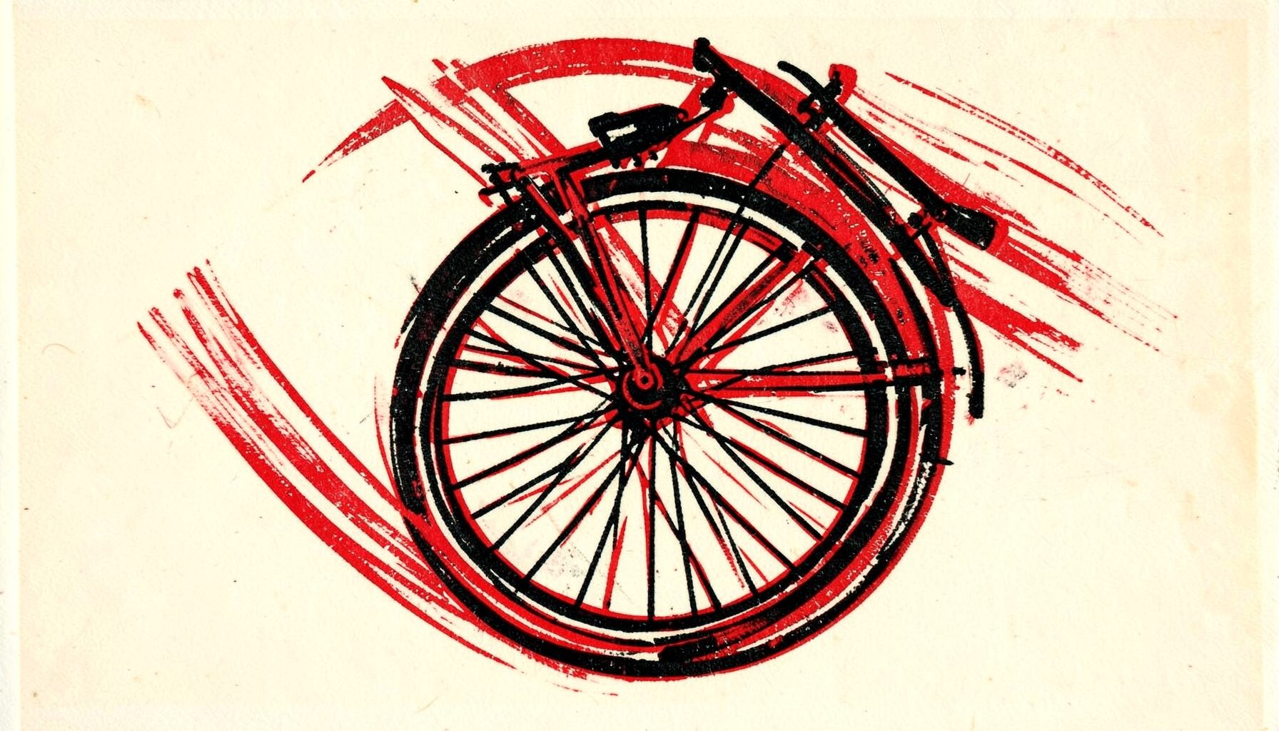 A carved linocut relief print of a bicycle wheel in motion, spokes blurred into sweeping arcs, black ink on warm off-white, with subtle red accents.