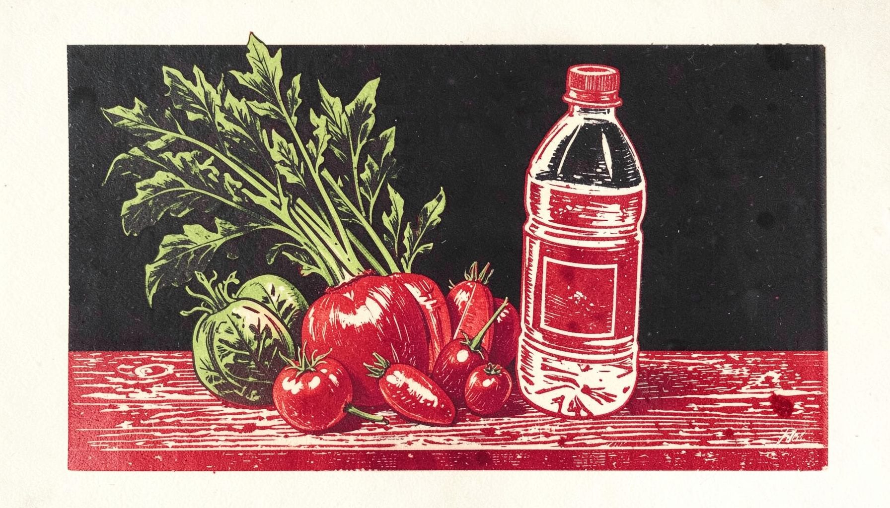 A linocut print of fresh vegetables and a water bottle arranged on a wooden surface, earthy greens and deep reds against a pale ground