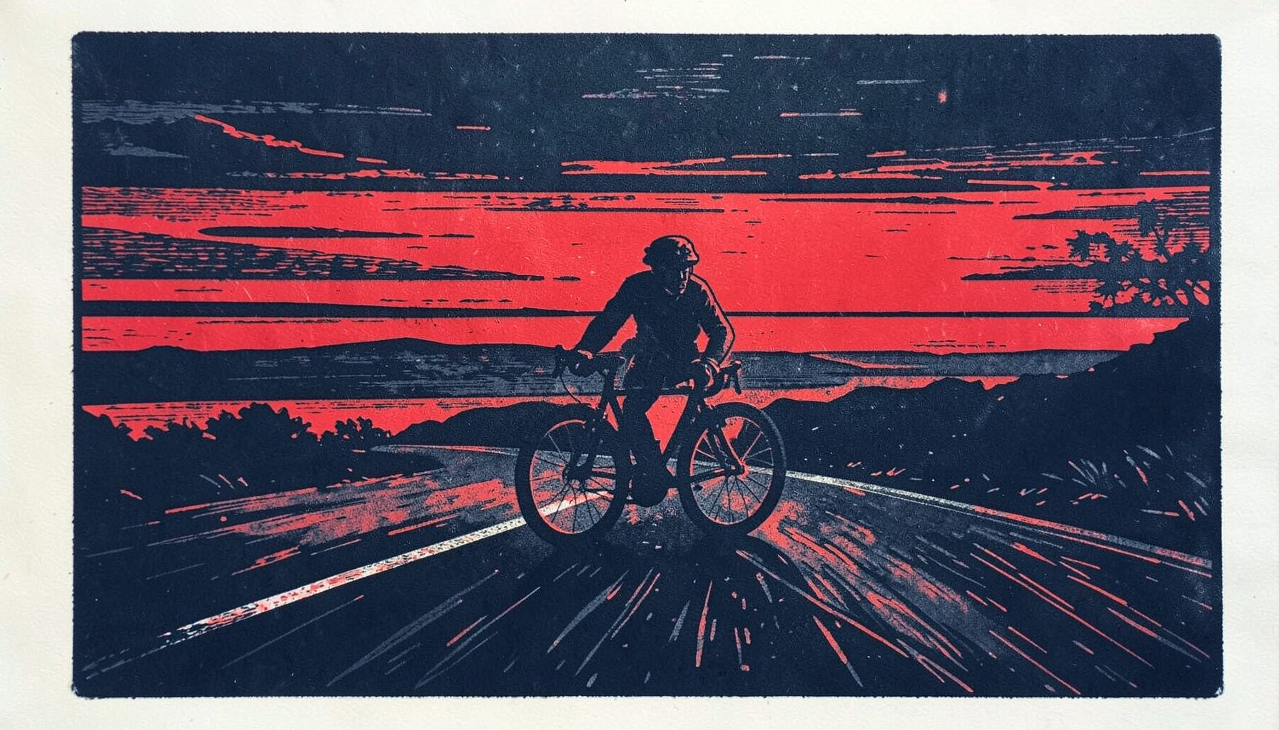 A carved linocut relief print of a lone cyclist on an open road at dawn, deep navy and charcoal tones with a streak of cream light