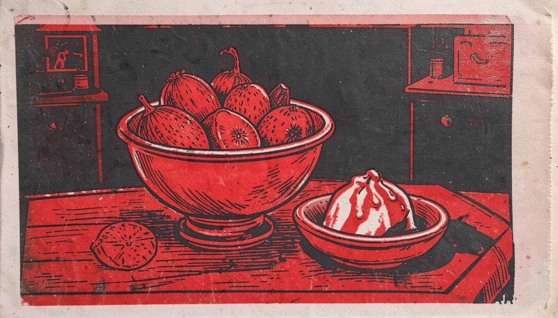 A carved linocut relief print of a bowl of fruit and a simple dessert on a table, warm red accent against deep charcoal
