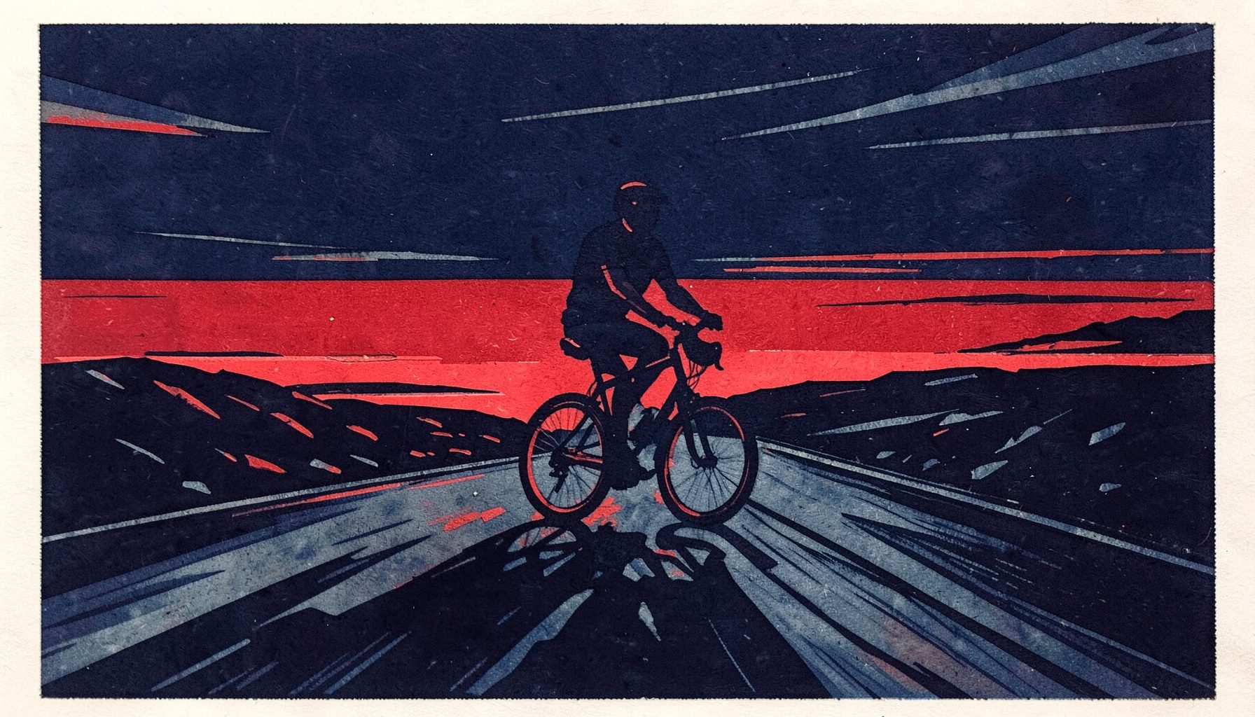 A carved linocut relief print of a lone cyclist on an open road at dusk, deep navy and charcoal tones with a streak of crimson across the horizon, bold angular cuts conveying speed and solitude.