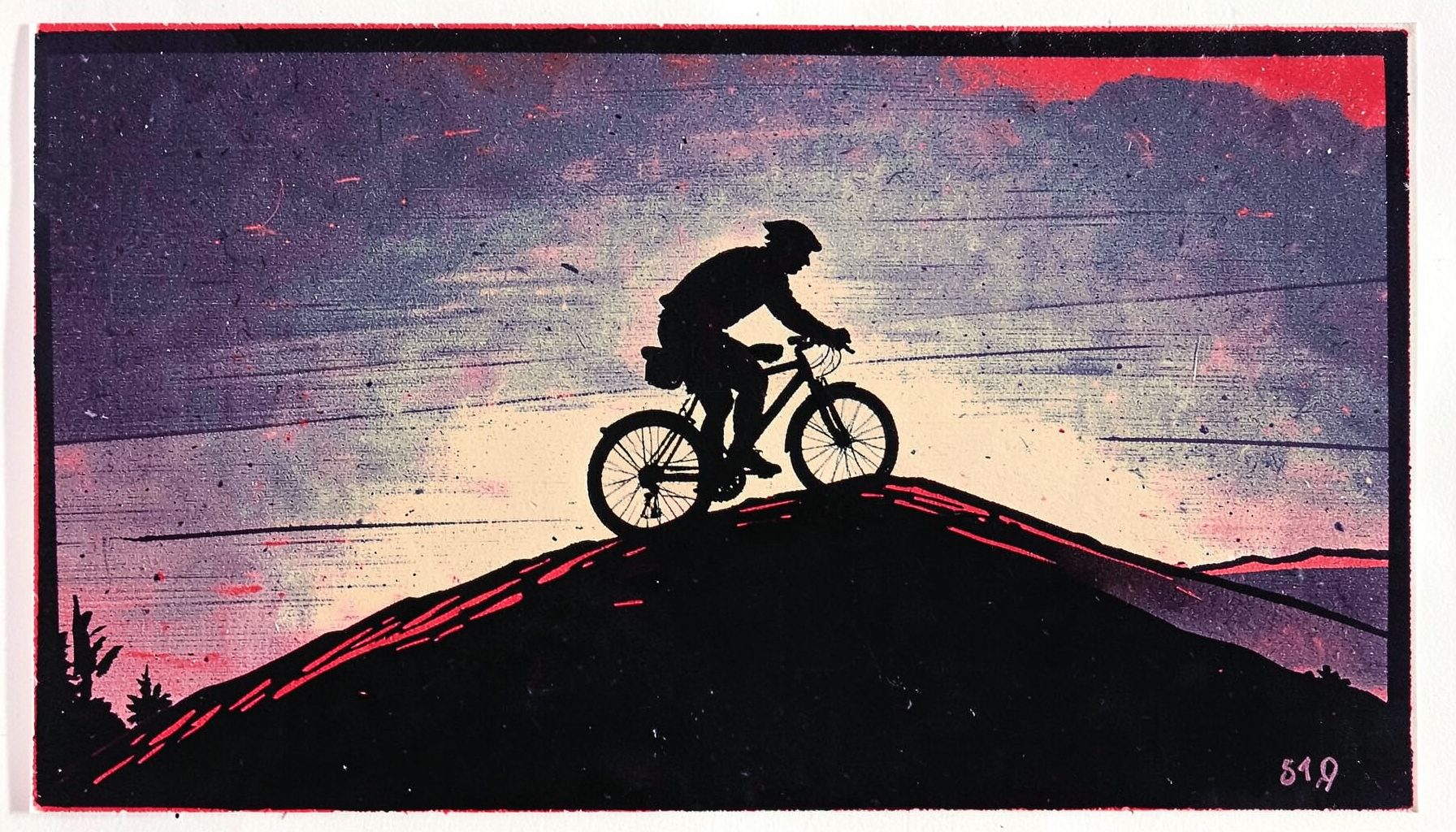 A linocut print of a cyclist in silhouette cresting a hill at dawn, strong black lines against a gradient of deep indigo to warm ochre