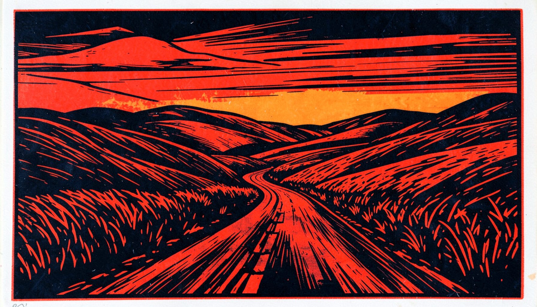 A carved linocut relief print of a winding road cutting through rolling hills under a broad sky, rendered in bold black ink.