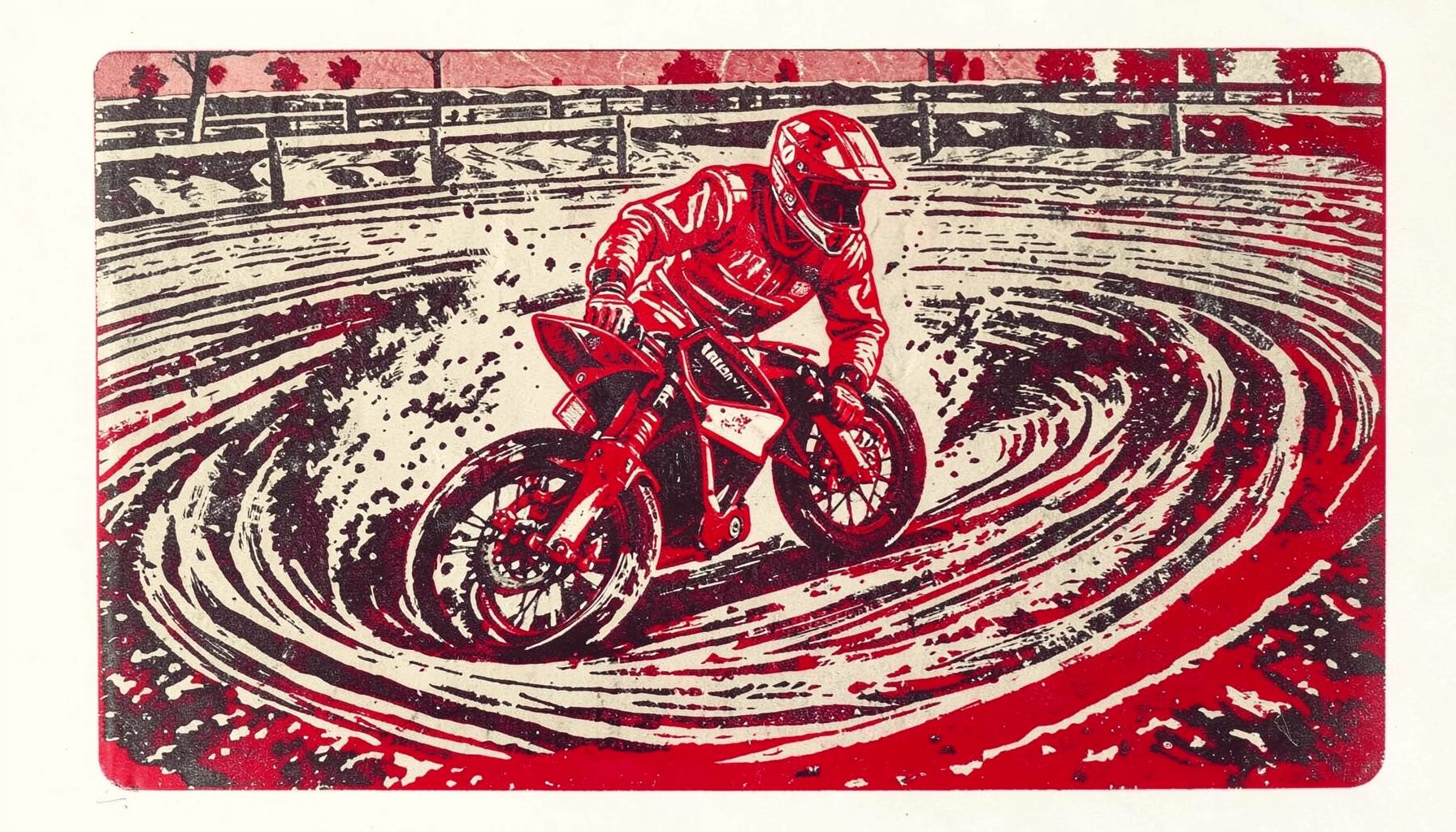 Linocut relief print of a speedway-style rider leaned into a tight corner on a dirt oval, muted earth browns and charcoal greys, rough carved shadows and dust spray