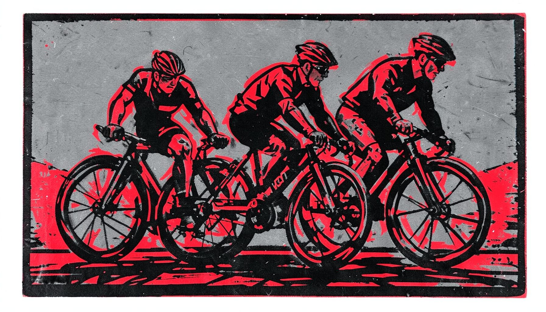 A linocut relief print of three cyclists riding in tight formation on a flat stretch, bold angular cuts in black and charcoal.