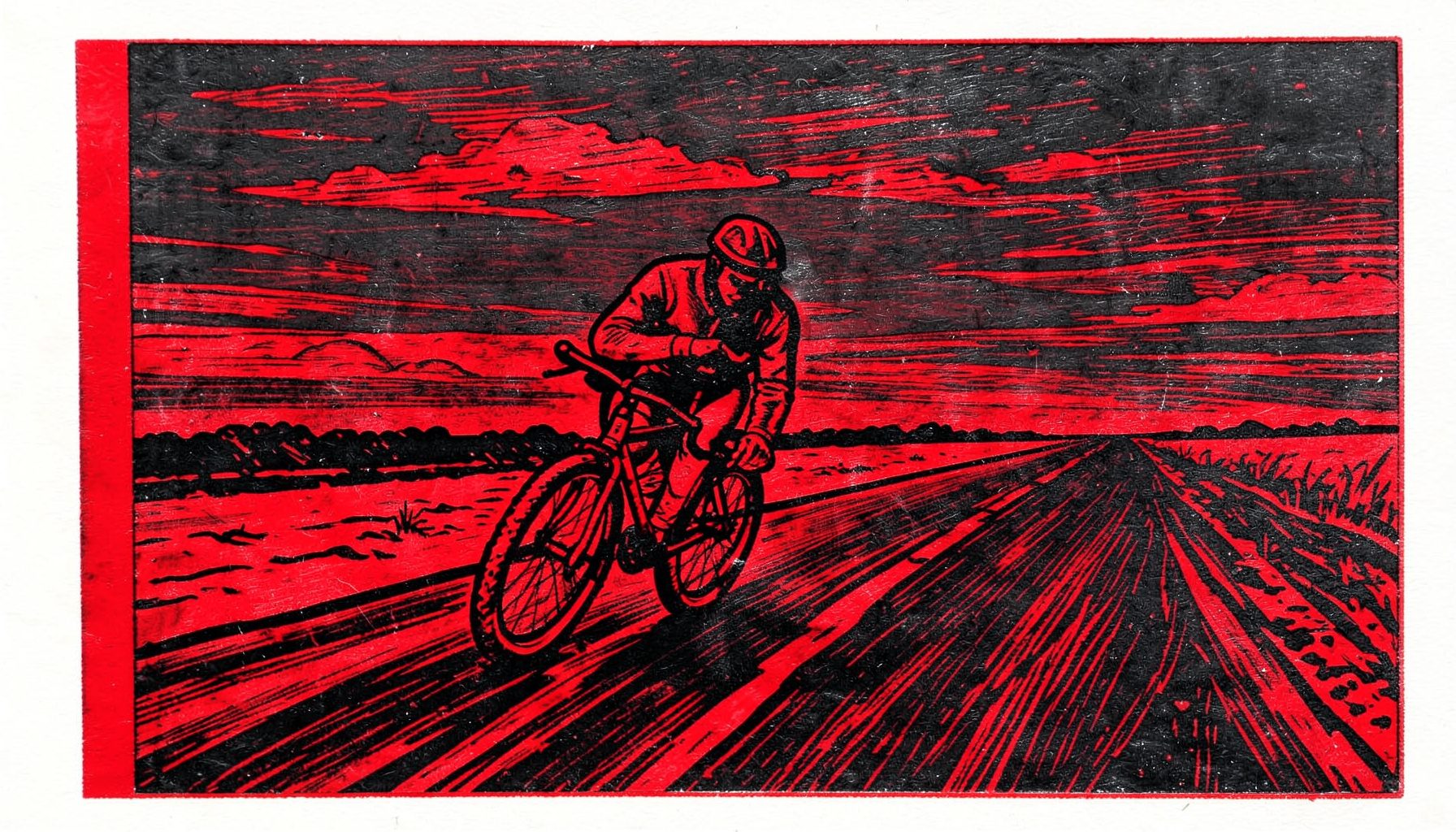 A carved linocut relief print of a lone cyclist leaning into a long open road, bold black outlines against a deep red and charcoal sky