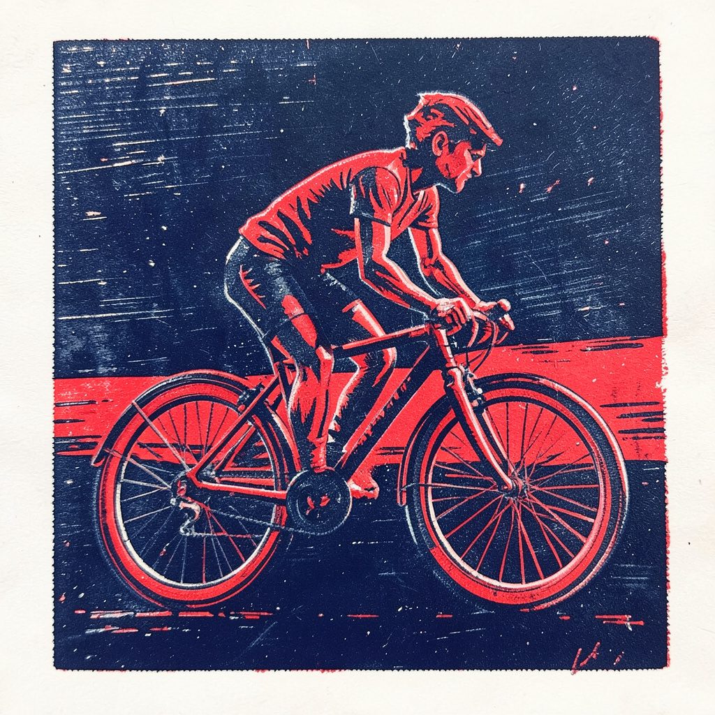 A carved linocut relief print of a lone cyclist in motion, deep navy and charcoal tones with a streak of red across the frame, gritty and energetic