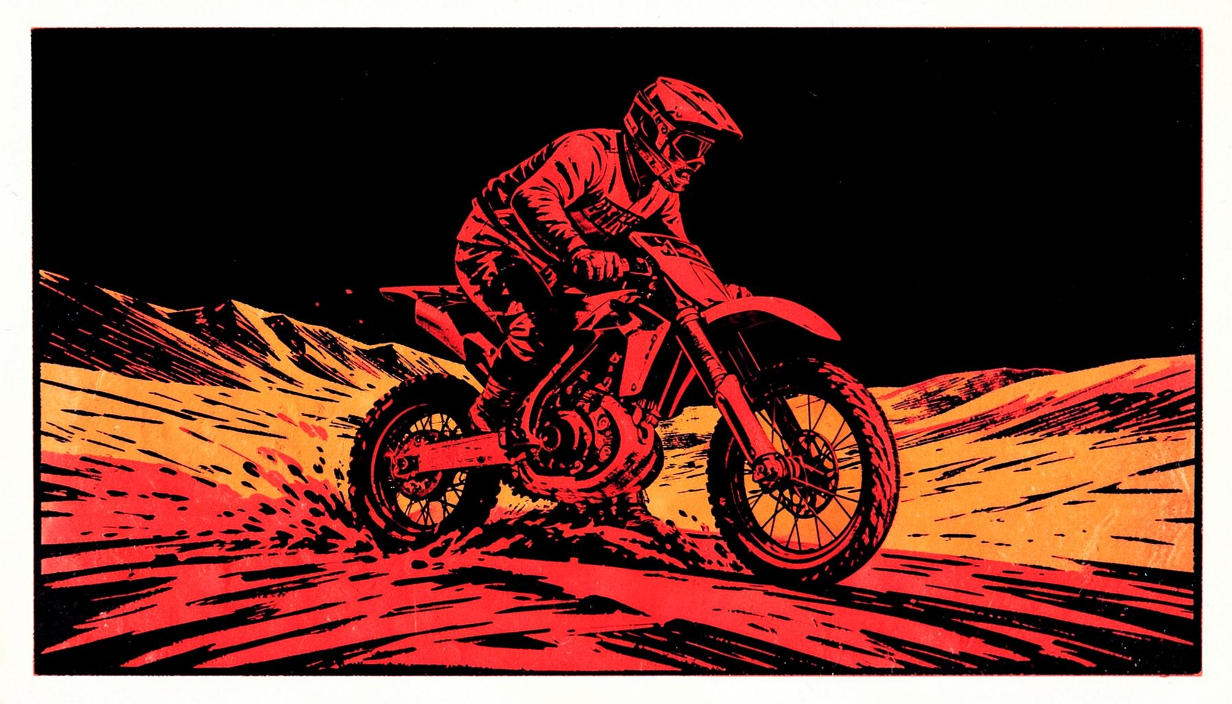 Linocut relief print of a motocross rider carving through desert terrain, warm sand tones against a stark black sky, heavy ink texture and dynamic motion lines