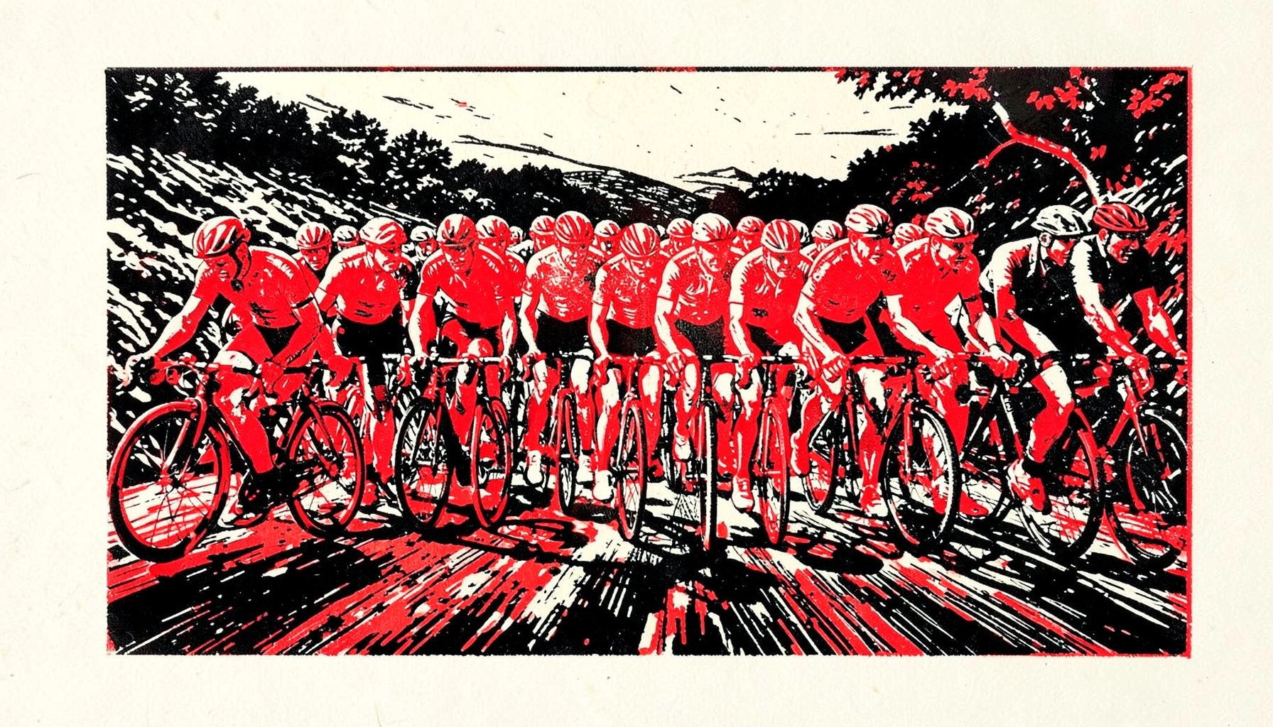 Linocut relief print of a tight peloton of cyclists on an open road, layered black ink strokes against a pale cream ground, sense of collective motion and camaraderie