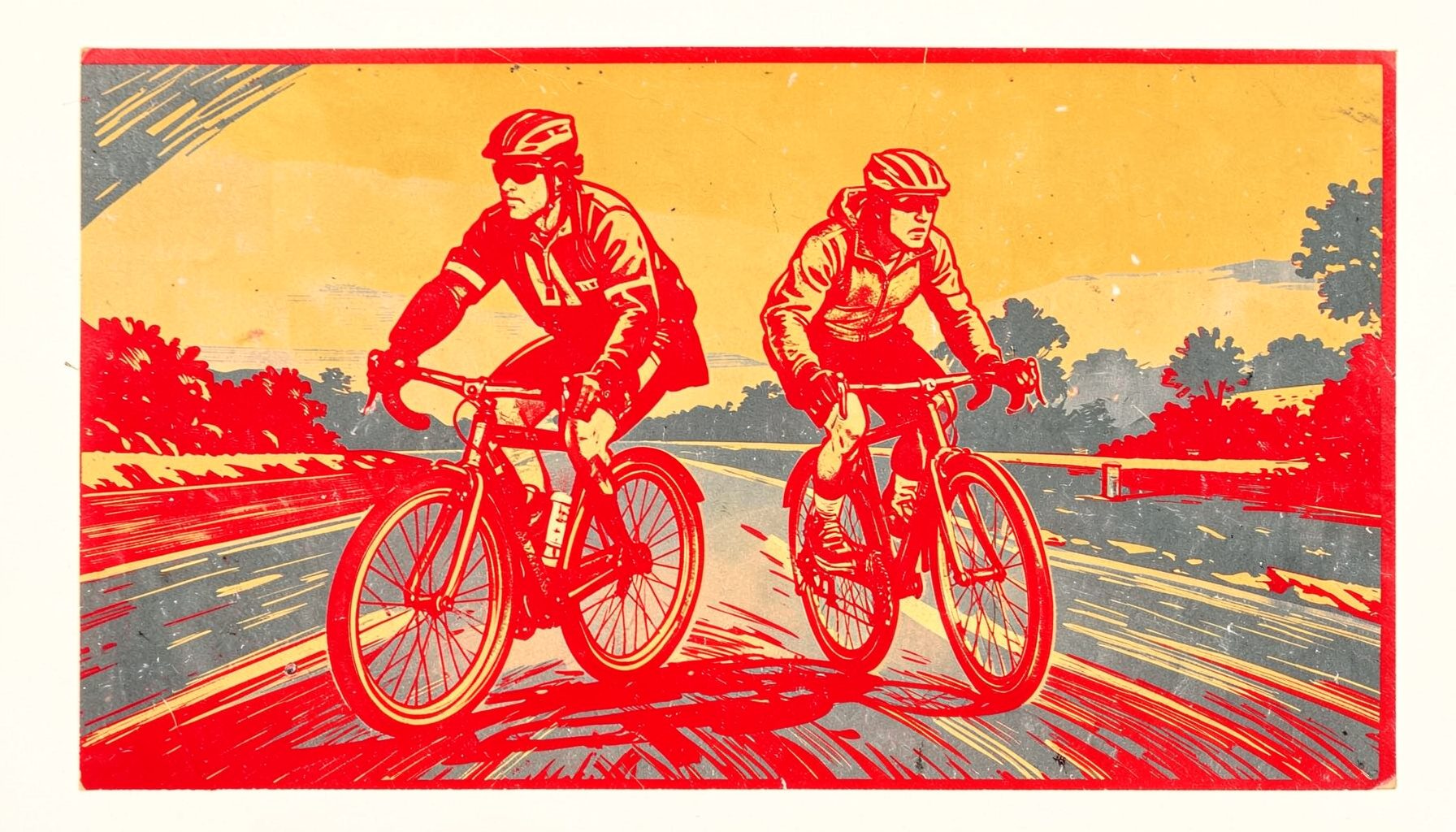 Two cyclists riding side by side on an open road, carved linocut relief in warm ochre and slate grey