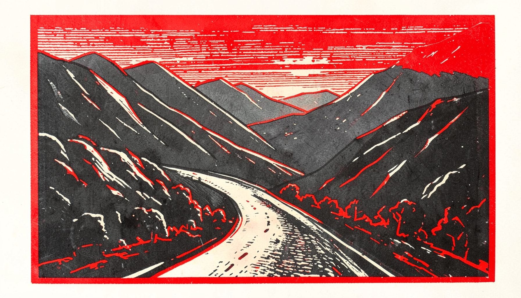 Linocut print of a winding mountain road at dawn, layered charcoal greys with pale cream highlights, quiet and contemplative