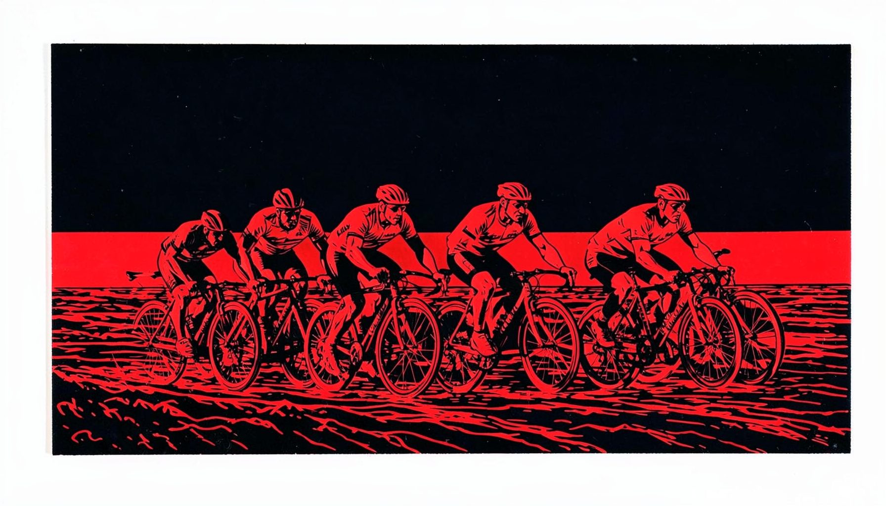A wide carved linocut relief print of a cycling team riding together across an open landscape, deep navy and black background